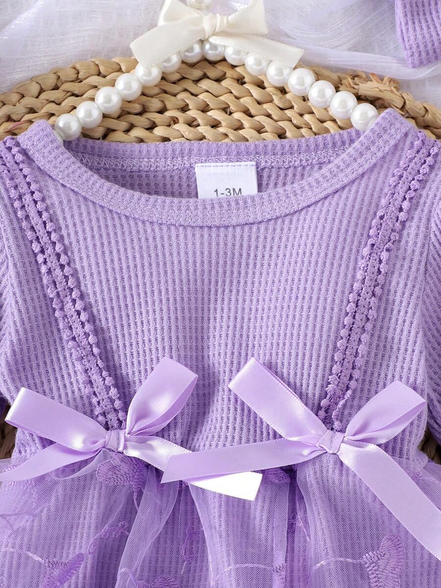 3PCS Baby Elegant Mesh Contrast Bodysuit Set with Headband and Socks for Autumn and Winter Wear