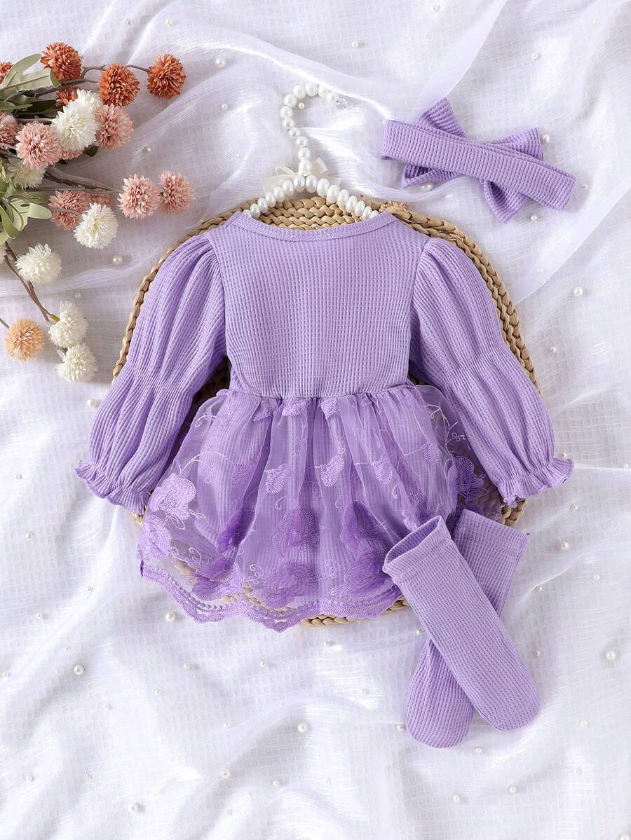 3PCS Baby Elegant Mesh Contrast Bodysuit Set with Headband and Socks for Autumn and Winter Wear
