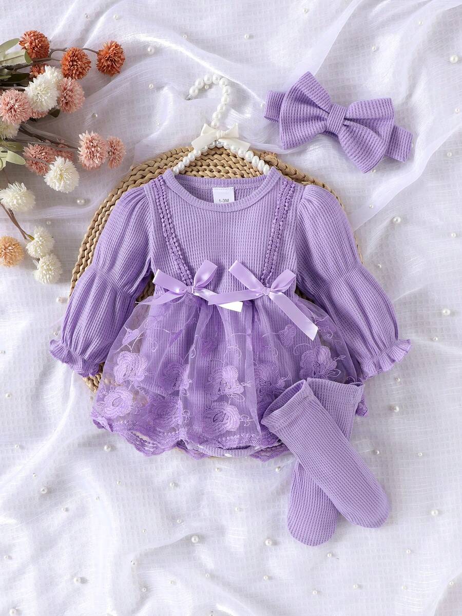 3PCS Baby Elegant Mesh Contrast Bodysuit Set with Headband and Socks for Autumn and Winter Wear