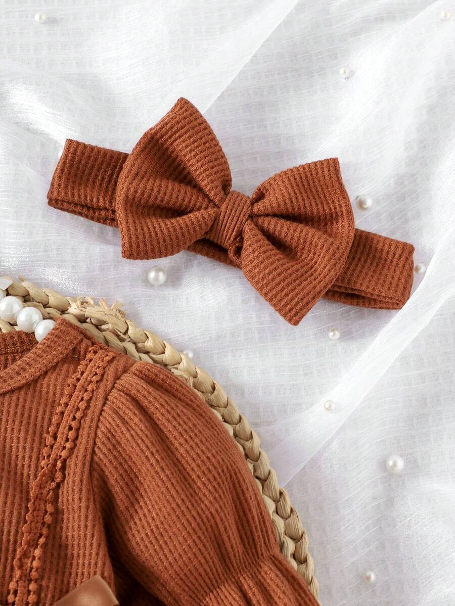 3PCS Baby Elegant Mesh Contrast Bodysuit Set with Headband and Socks for Autumn and Winter Wear