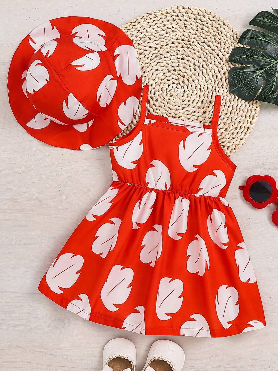 2pcs Baby Girl Floral Print Dress and Hat Set for Spring and Summer Wear