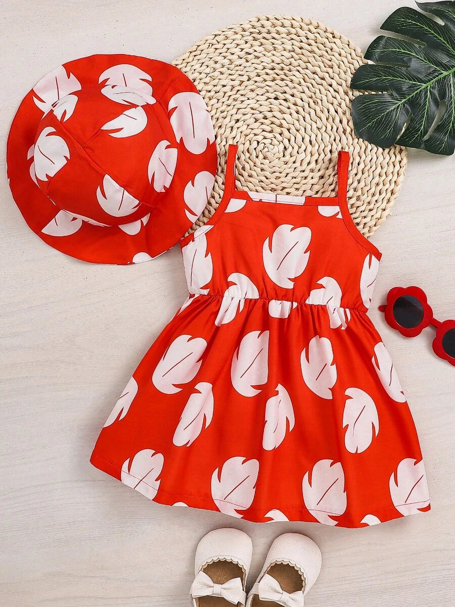 2pcs Baby Girl Floral Print Dress and Hat Set for Spring and Summer Wear