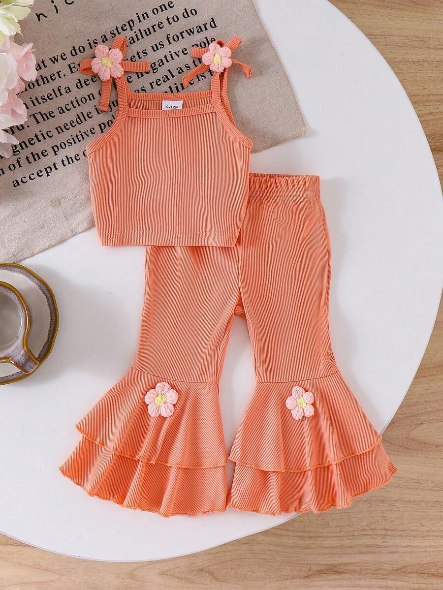 Sweet Floral Print Camisole and Layered Ruffle Pants Set for Toddler Girls
