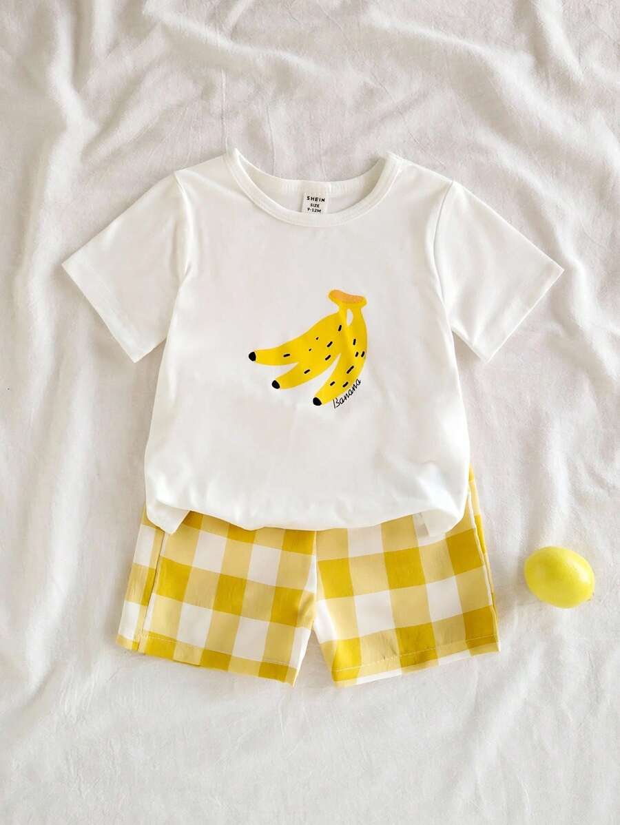Baby Boy Holiday Print Top and Plaid Shorts 2 Piece Vacation Summer Outfit Set