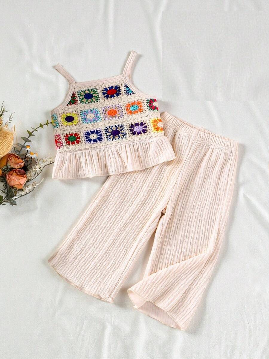 Delicate Strap Top And Solid Pants Set For Toddler Girls Casual Outfit