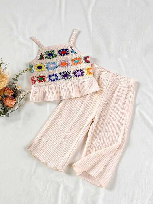 Delicate Strap Top And Solid Pants Set For Toddler Girls Casual Outfit