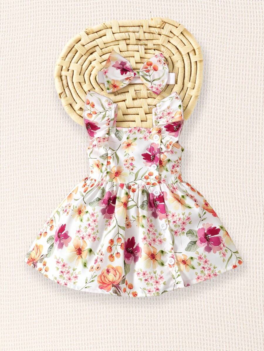 2PCS Baby Watercolor Floral Dress and Hairband Set for Cute Summer Outings
