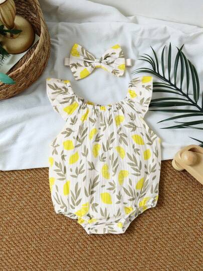 Lemon Print Ruffle Trim Bodysuit and Headband Set for Cute Summer Daily Wear