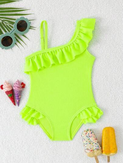 Neon Ruffled Swimwear For Toddler Girls Stylish One Shoulder Beach Outfit