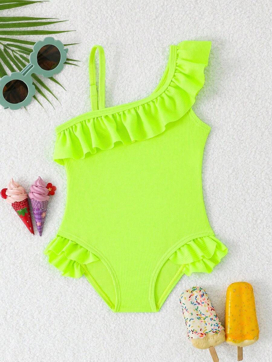 Neon Ruffled Swimwear For Toddler Girls Stylish One Shoulder Beach Outfit