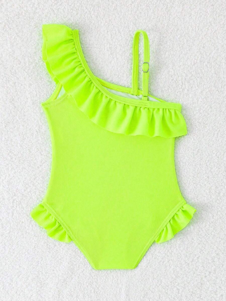 Neon Ruffled Swimwear For Toddler Girls Stylish One Shoulder Beach Outfit