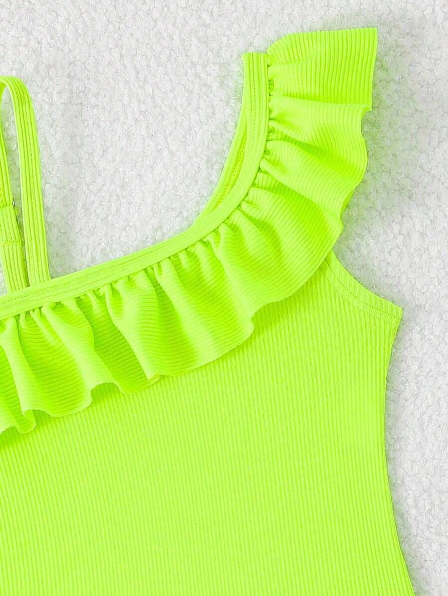 Neon Ruffled Swimwear For Toddler Girls Stylish One Shoulder Beach Outfit