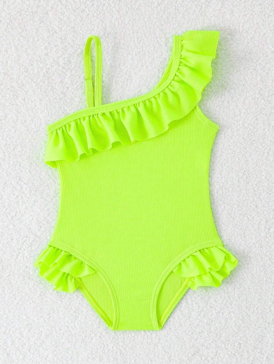 Neon Ruffled Swimwear For Toddler Girls Stylish One Shoulder Beach Outfit
