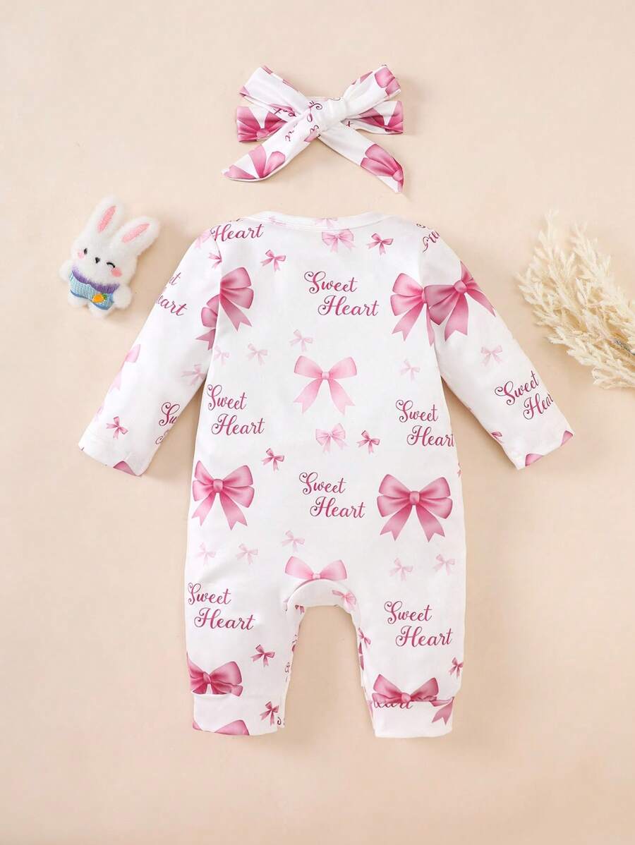Sweet Heart Bow Print Jumpsuit for Baby Girls - 2-Piece Set with Headband Accessory