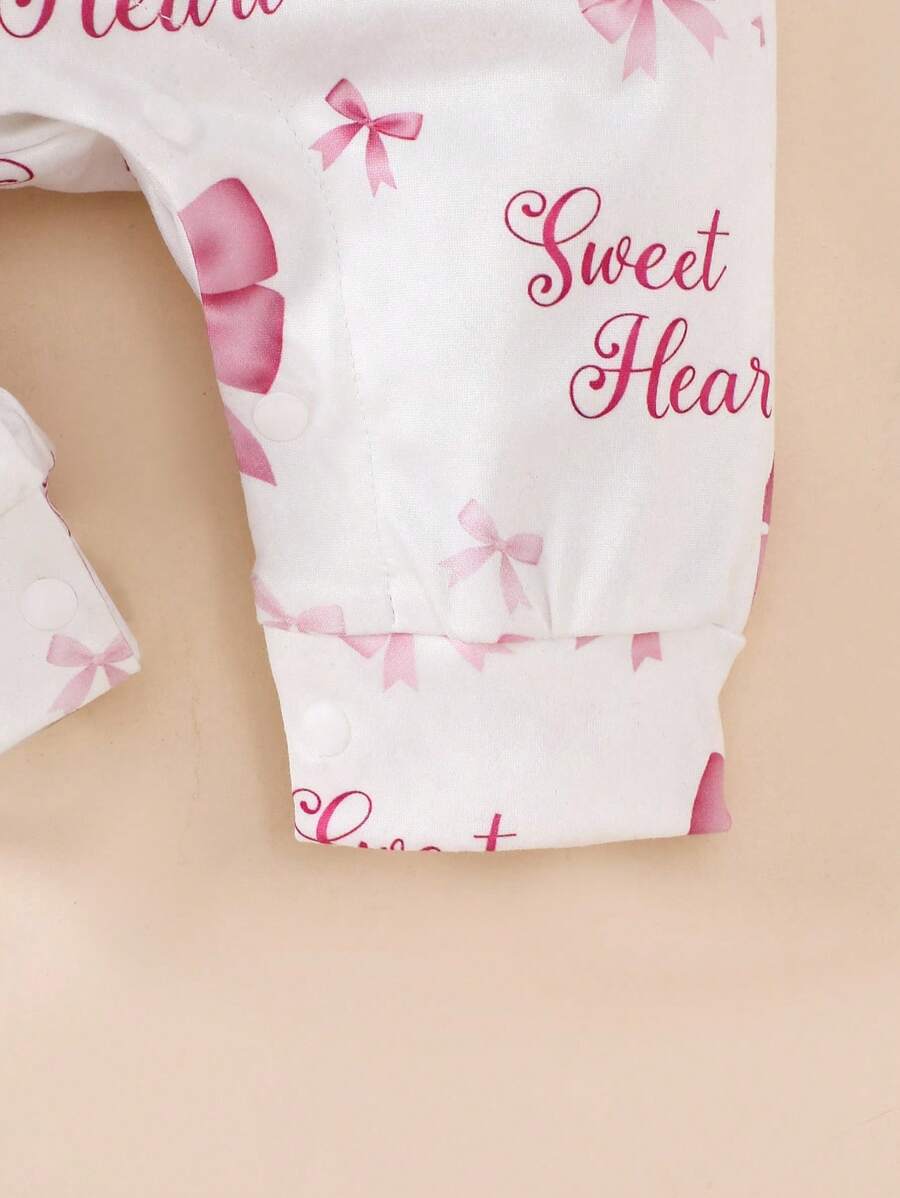 Sweet Heart Bow Print Jumpsuit for Baby Girls - 2-Piece Set with Headband Accessory