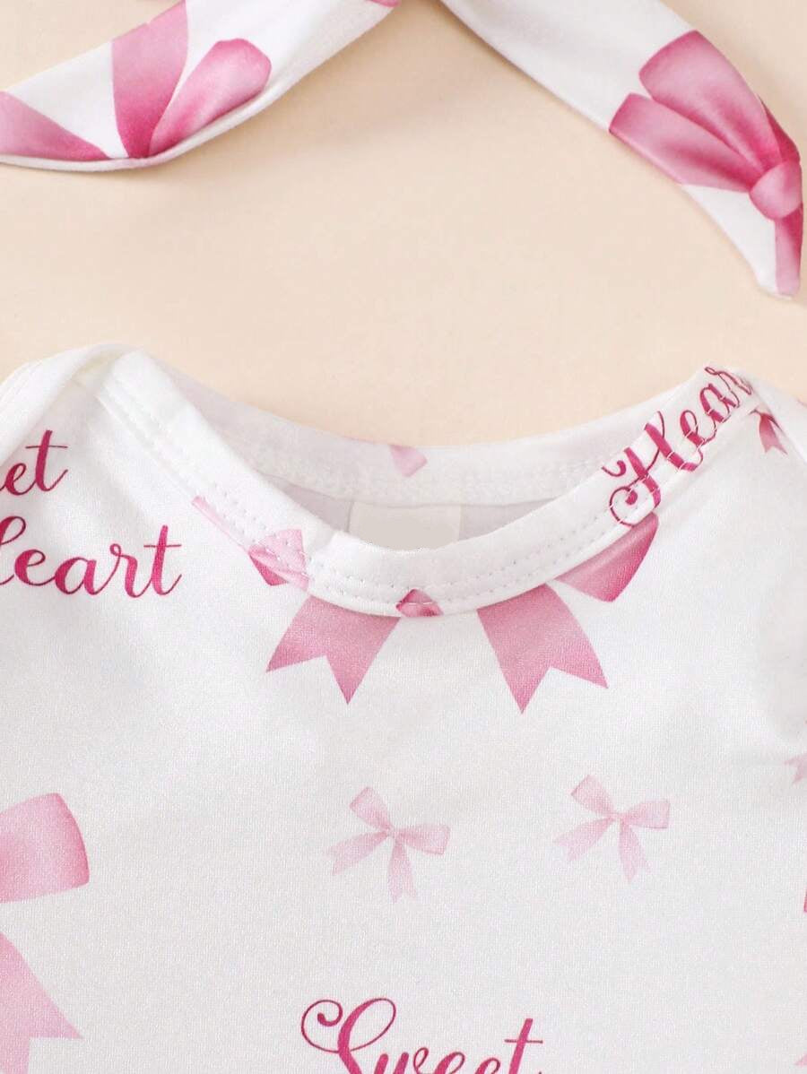 Sweet Heart Bow Print Jumpsuit for Baby Girls - 2-Piece Set with Headband Accessory