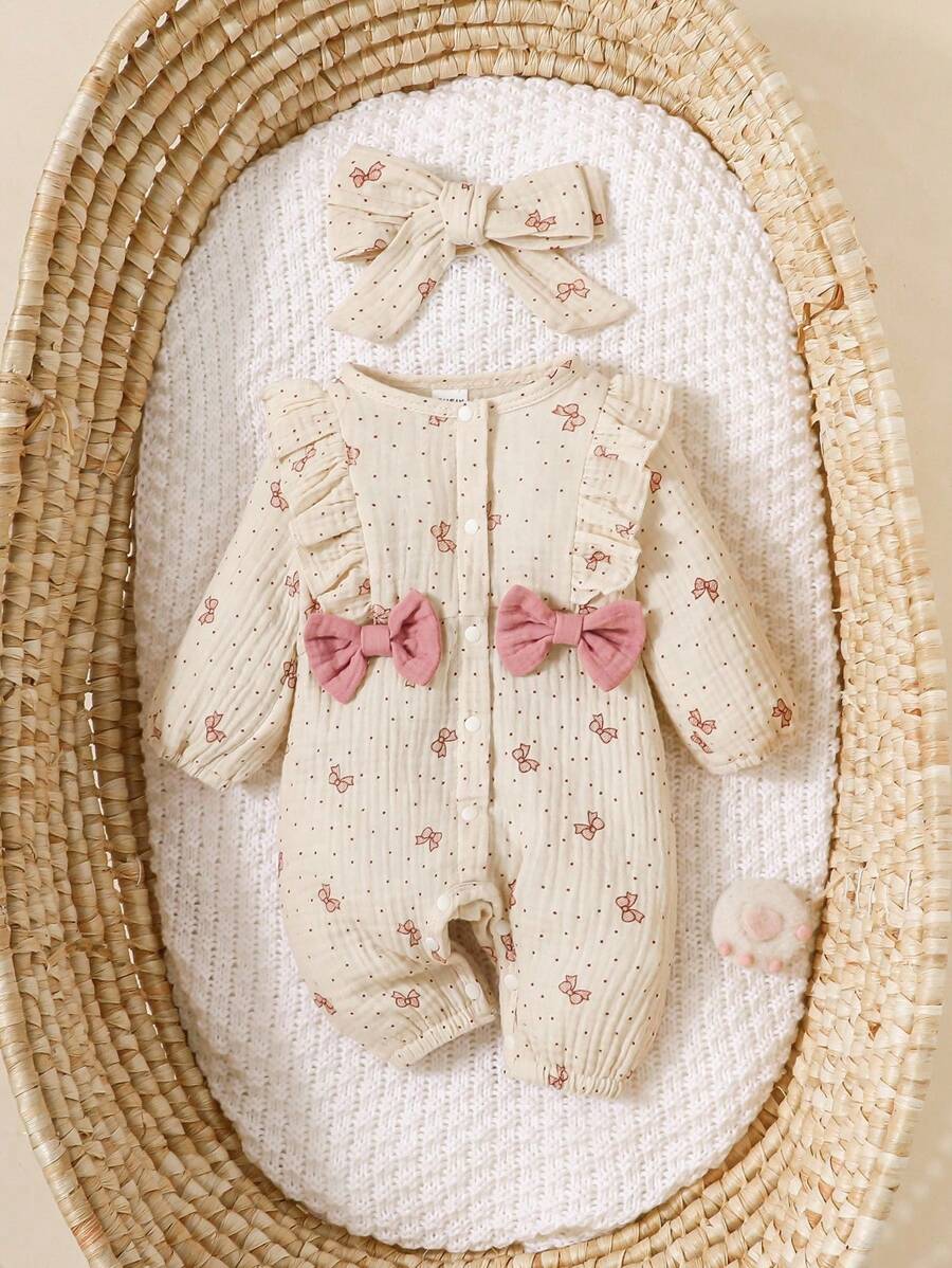 Sweet Bow Print Princess Jumpsuit for Baby Girls - Comfortable Cotton Spring Wear