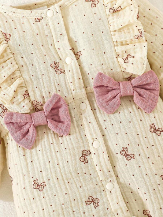 Sweet Bow Print Princess Jumpsuit for Baby Girls - Comfortable Cotton Spring Wear