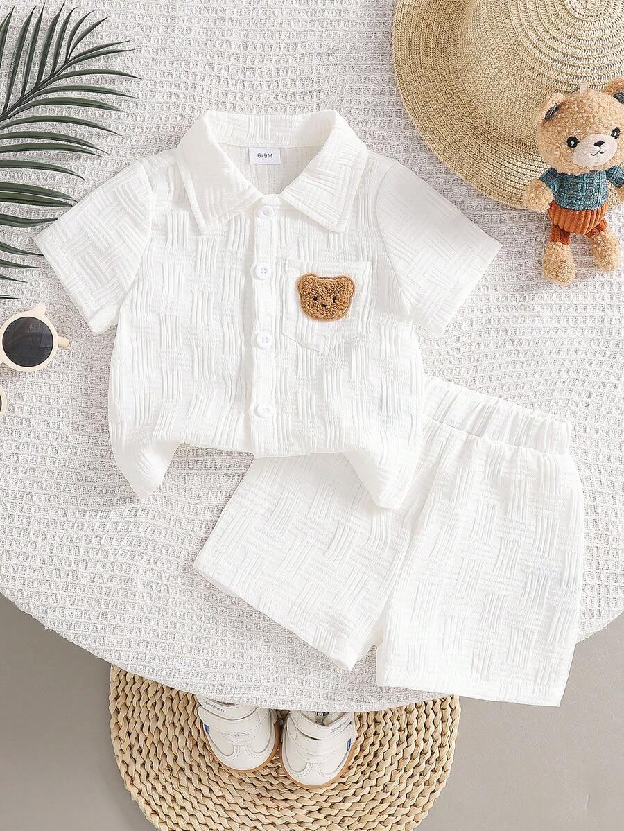 2-Piece Baby Boy Textured Bear Embroidery Shirt and Shorts Set
