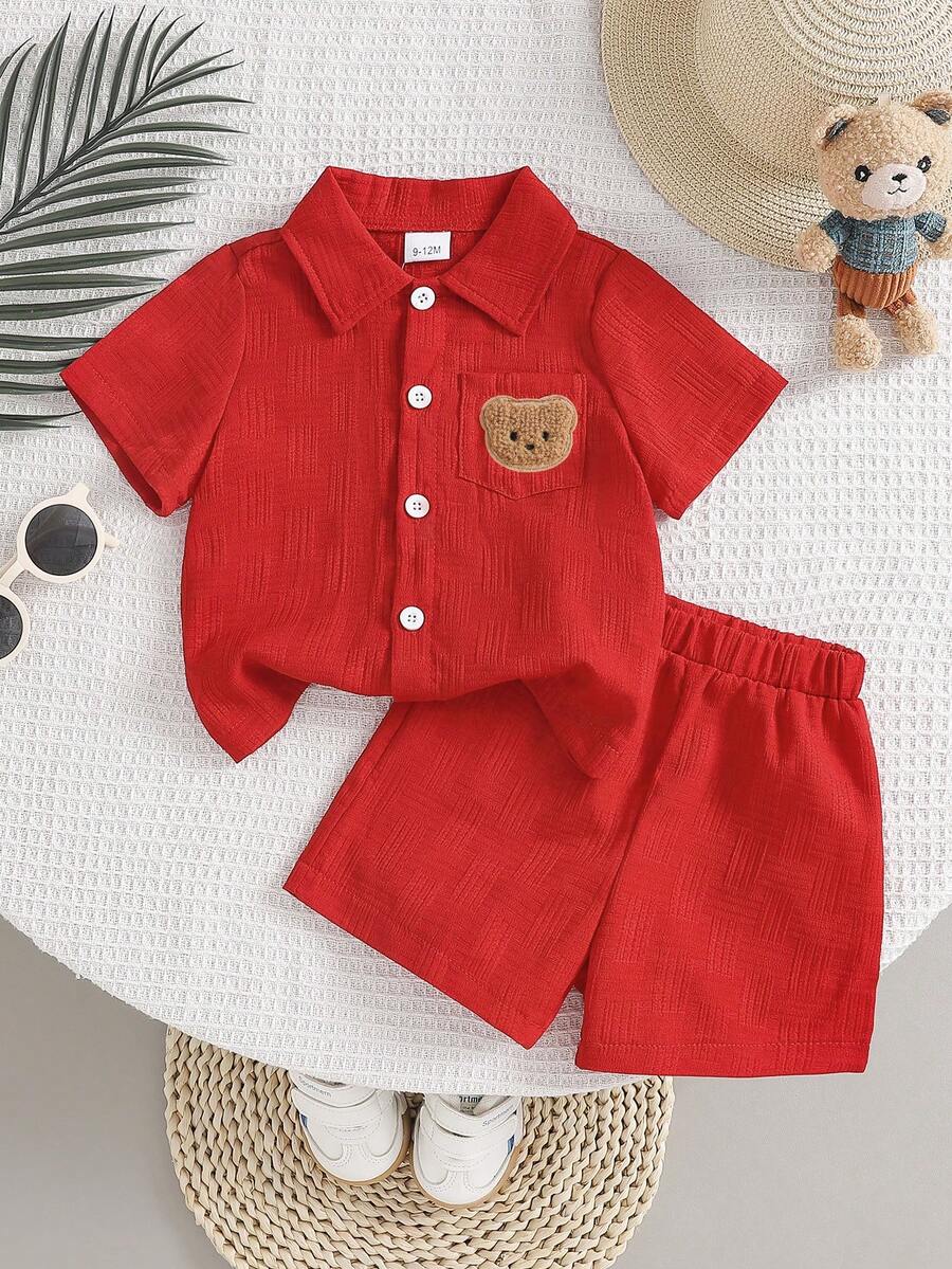 2-Piece Baby Boy Textured Bear Embroidery Shirt and Shorts Set