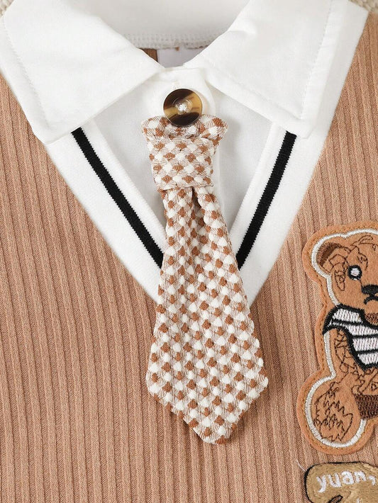 Newborn Baby Boy Cute Bear Gentleman Style Short Sleeve Jumpsuit Birthday Party Outfit