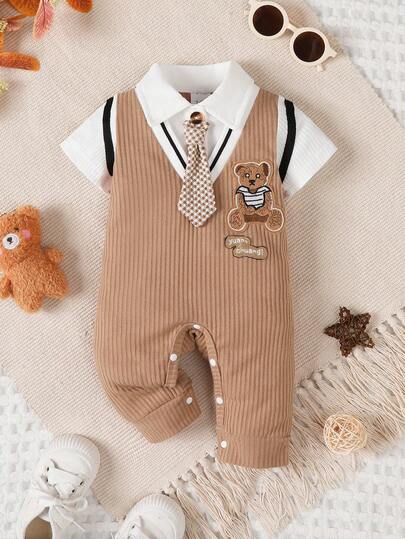 Newborn Baby Boy Cute Bear Gentleman Style Short Sleeve Jumpsuit Birthday Party Outfit