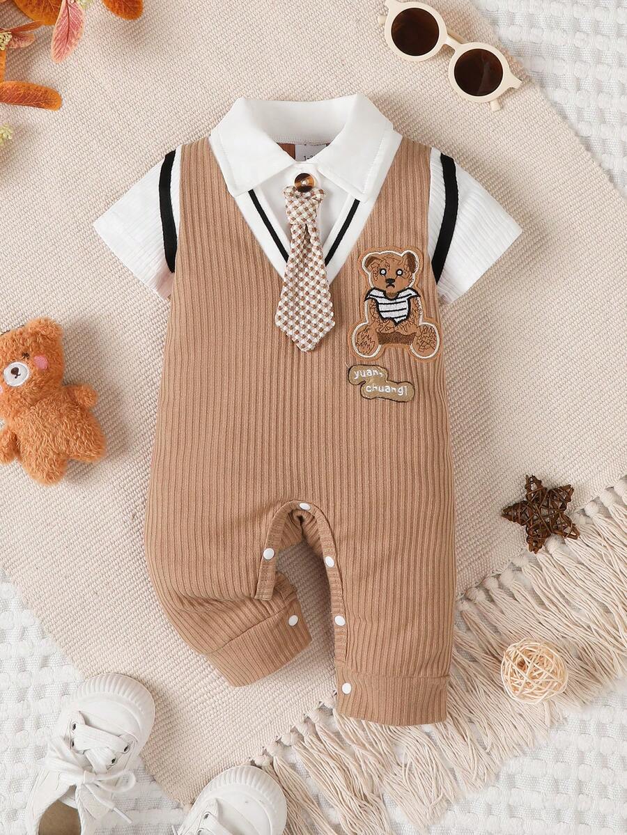 Newborn Baby Boy Cute Bear Gentleman Style Short Sleeve Jumpsuit Birthday Party Outfit