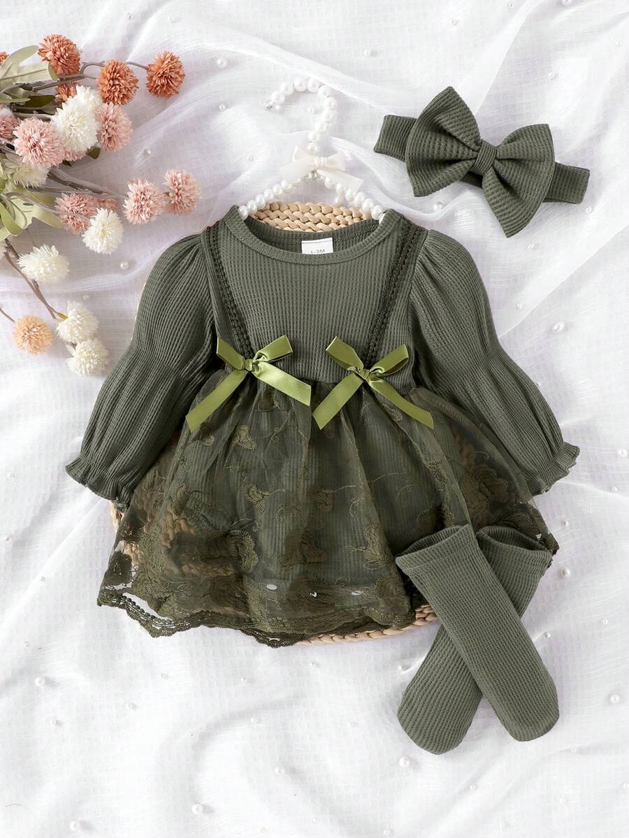 3PCS Baby Elegant Mesh Contrast Bodysuit Set with Headband and Socks for Autumn and Winter Wear