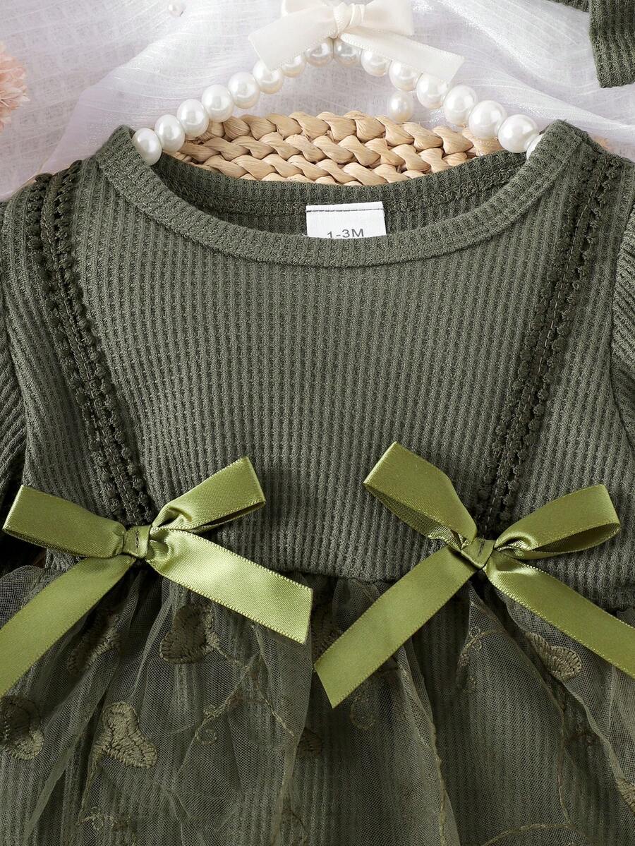 3PCS Baby Elegant Mesh Contrast Bodysuit Set with Headband and Socks for Autumn and Winter Wear