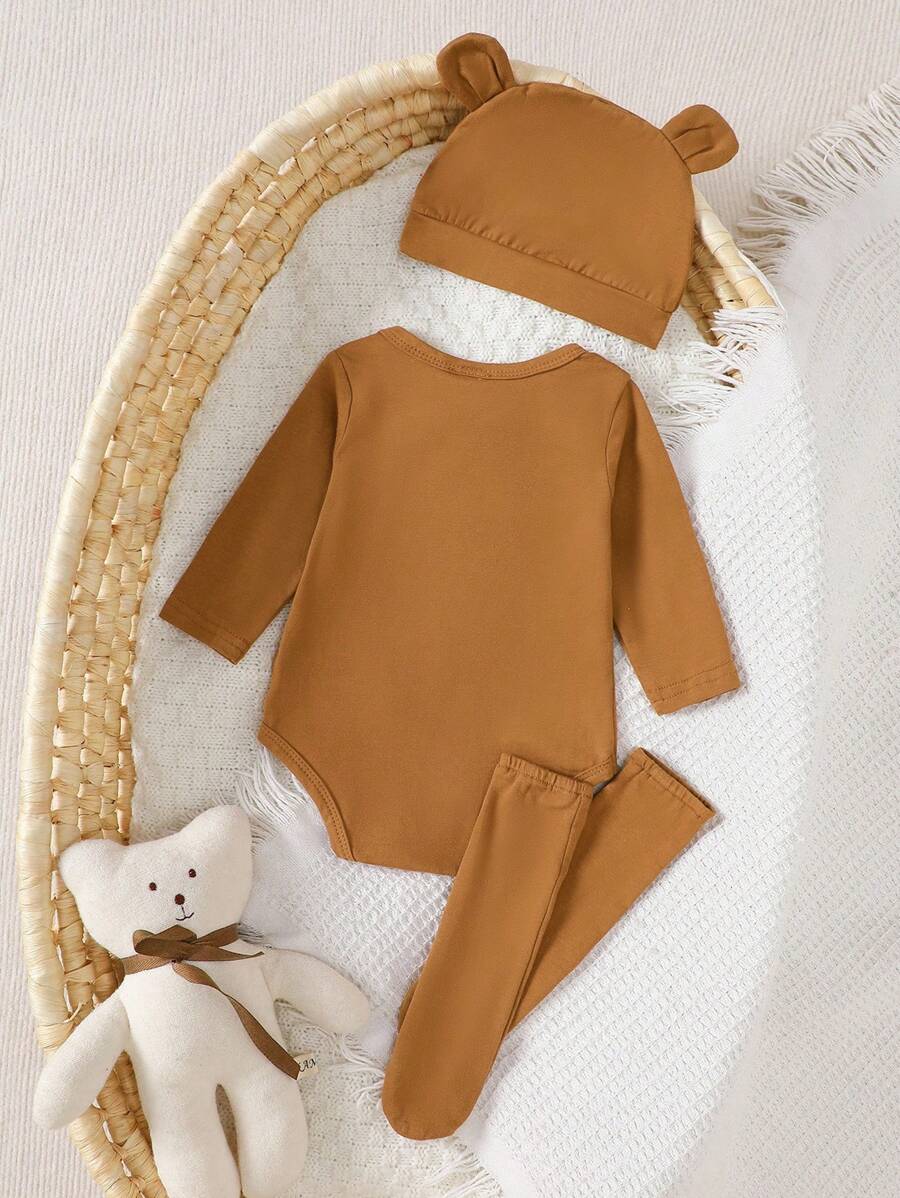 Teddy Bear Print Jumpsuit Hat and Socks Outfit Set for Cute Autumn and Winter Wear