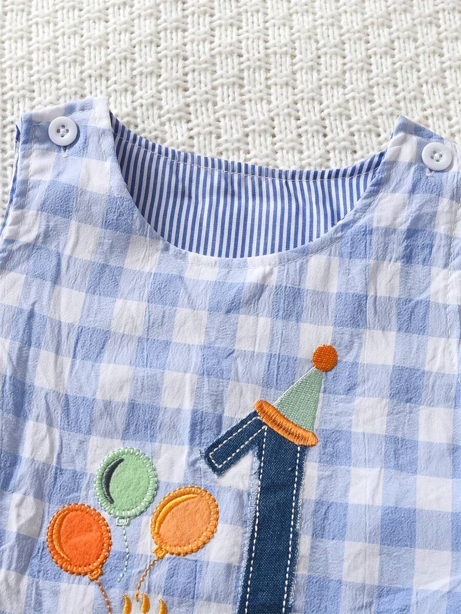 Baby Boy Plaid Embroidered Sleeveless Jumpsuit Casual Birthday Outfit Gift