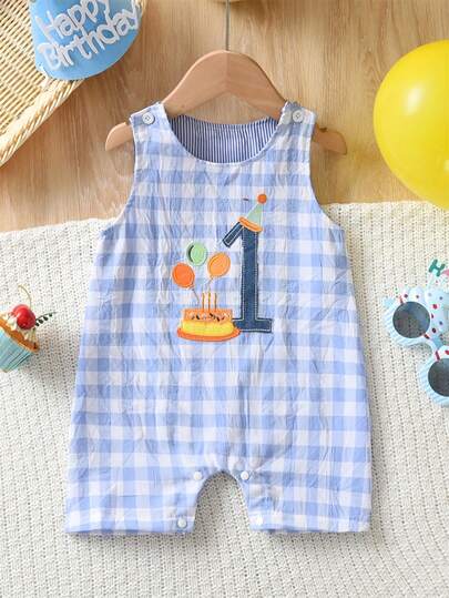 Baby Boy Plaid Embroidered Sleeveless Jumpsuit Casual Birthday Outfit Gift