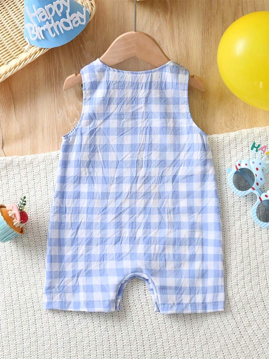 Baby Boy Plaid Embroidered Sleeveless Jumpsuit Casual Birthday Outfit Gift