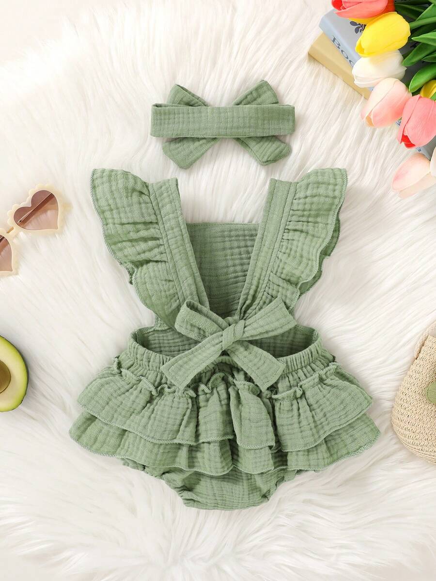 Baby Ruffle Trim Bodysuit Dress and Headband Set for Cute Daily Wear