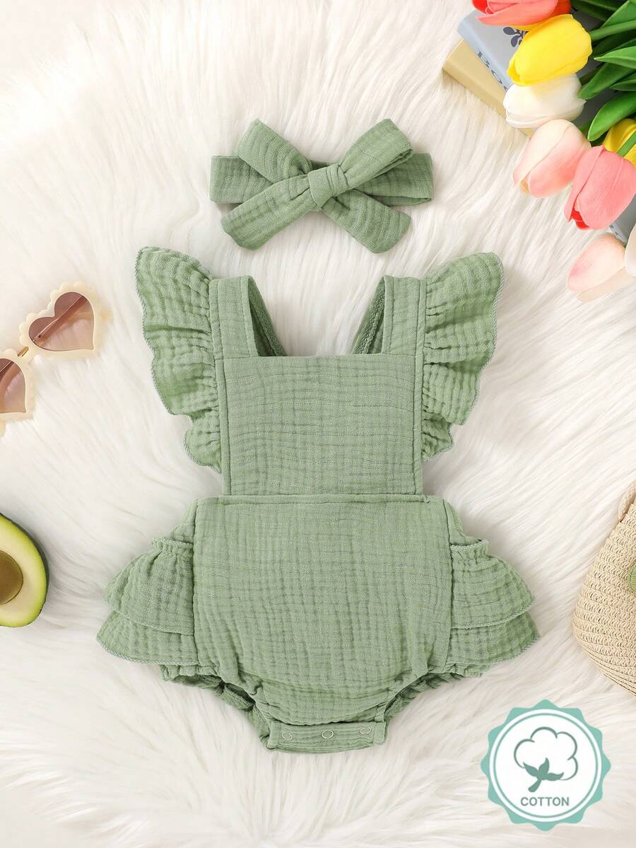 Baby Ruffle Trim Bodysuit Dress and Headband Set for Cute Daily Wear