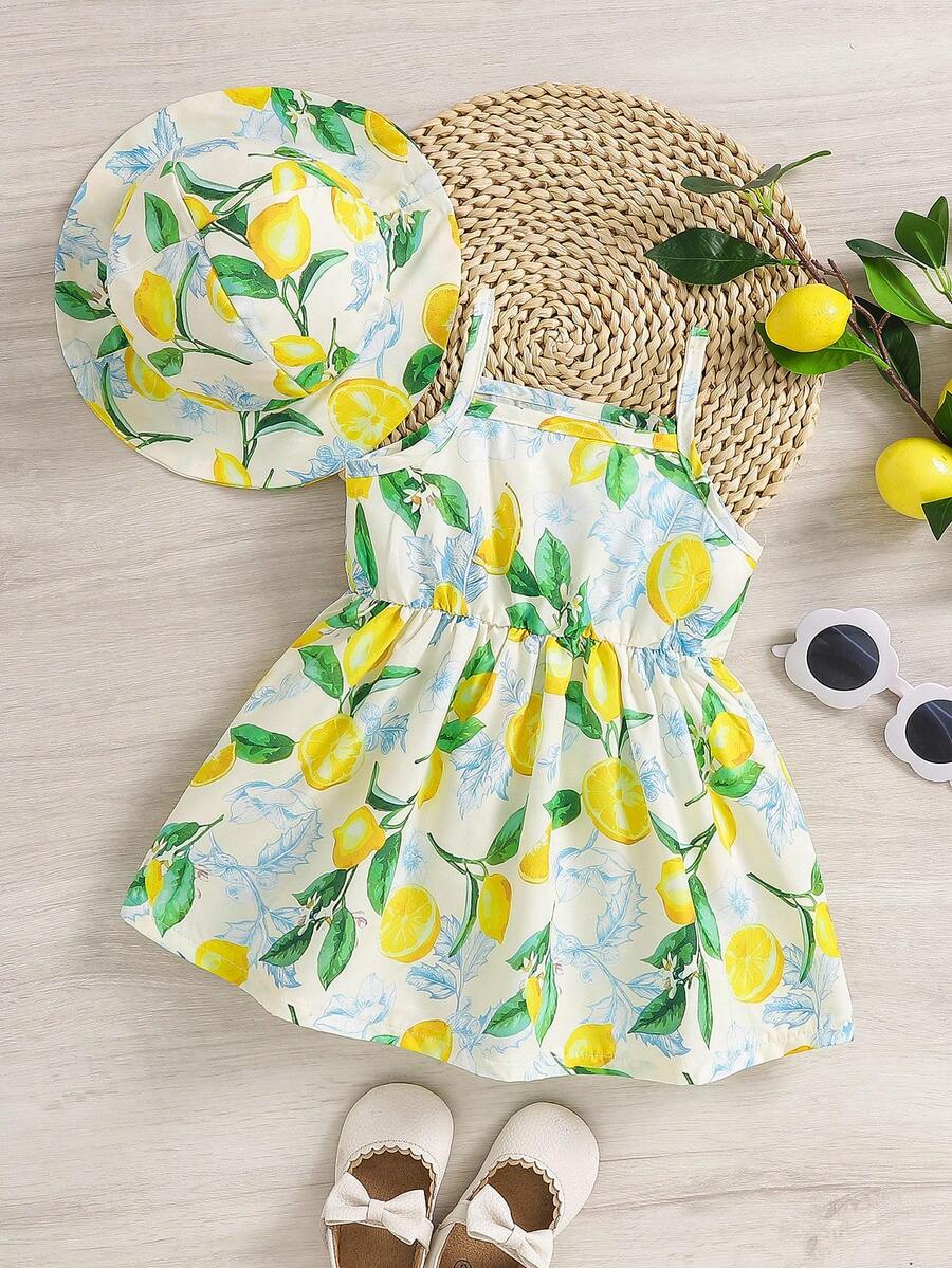 2pcs Baby Girl Floral Print Dress and Hat Set for Spring and Summer Wear
