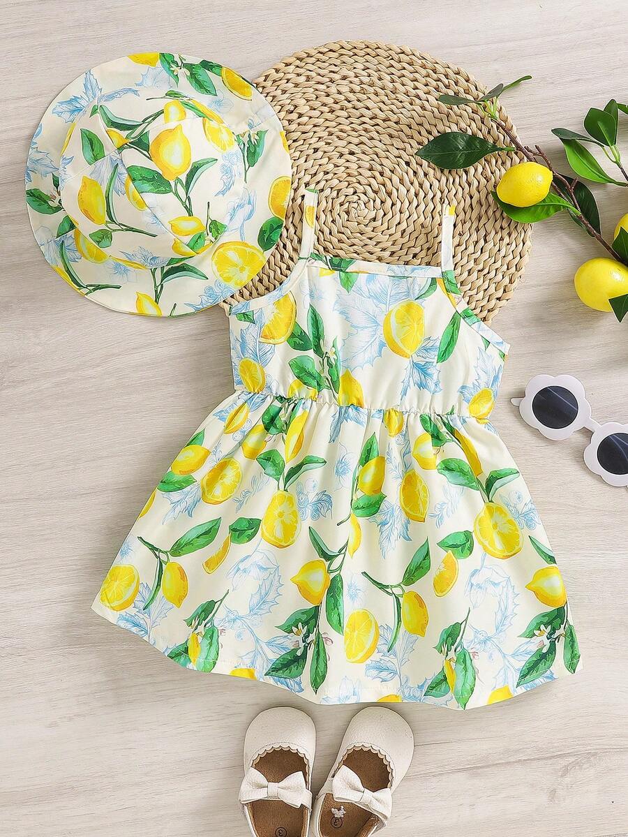 2pcs Baby Girl Floral Print Dress and Hat Set for Spring and Summer Wear