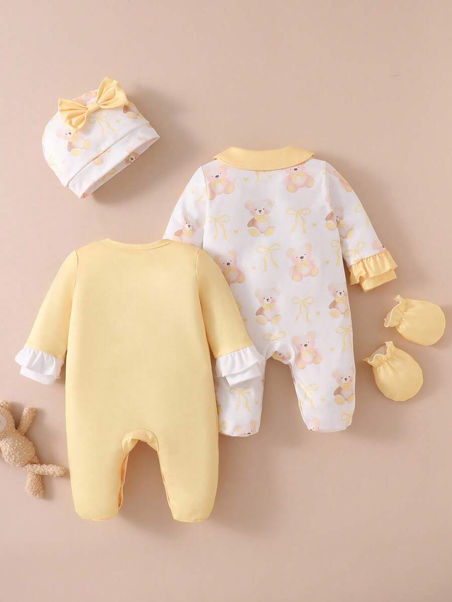 4PCS Newborn Bear & Bow Print Romper Set with Hat & Mittens