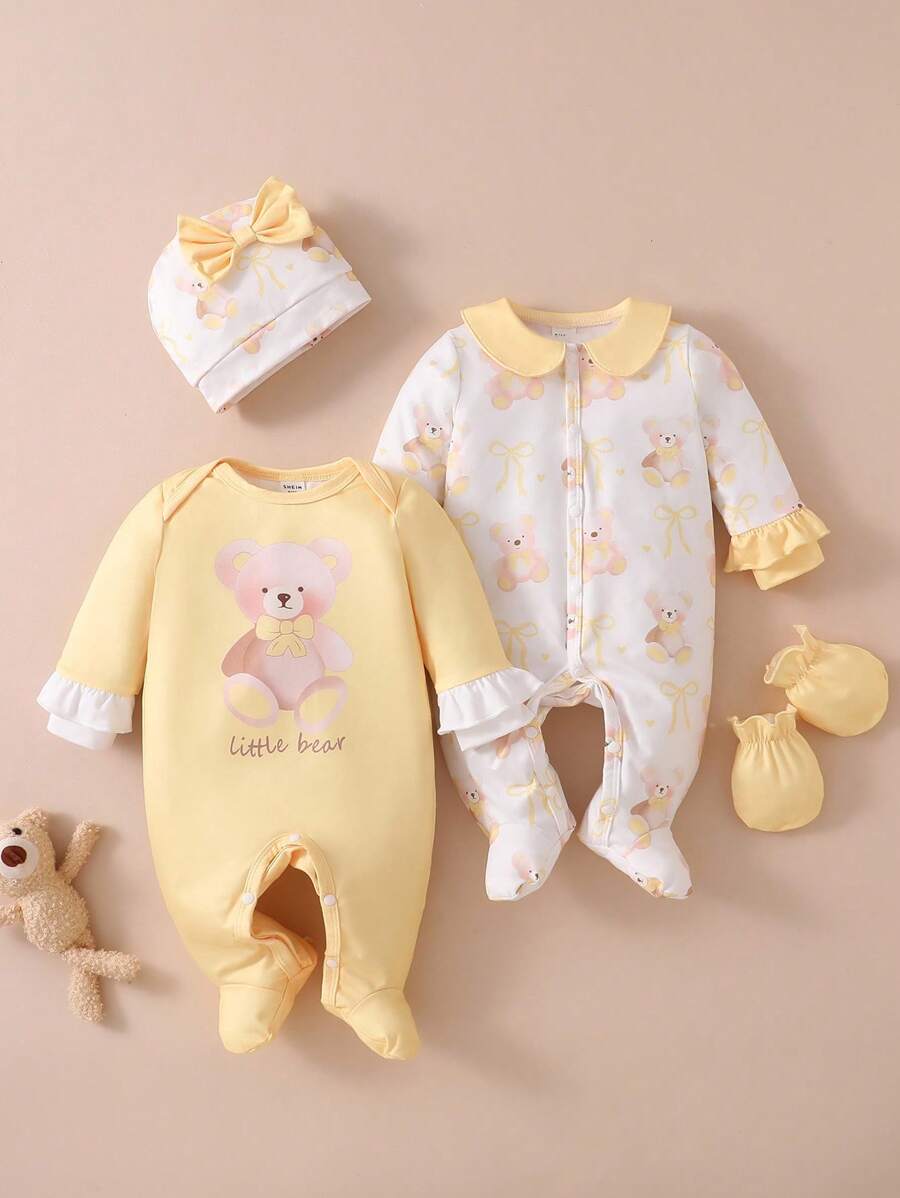 4PCS Newborn Bear & Bow Print Romper Set with Hat & Mittens
