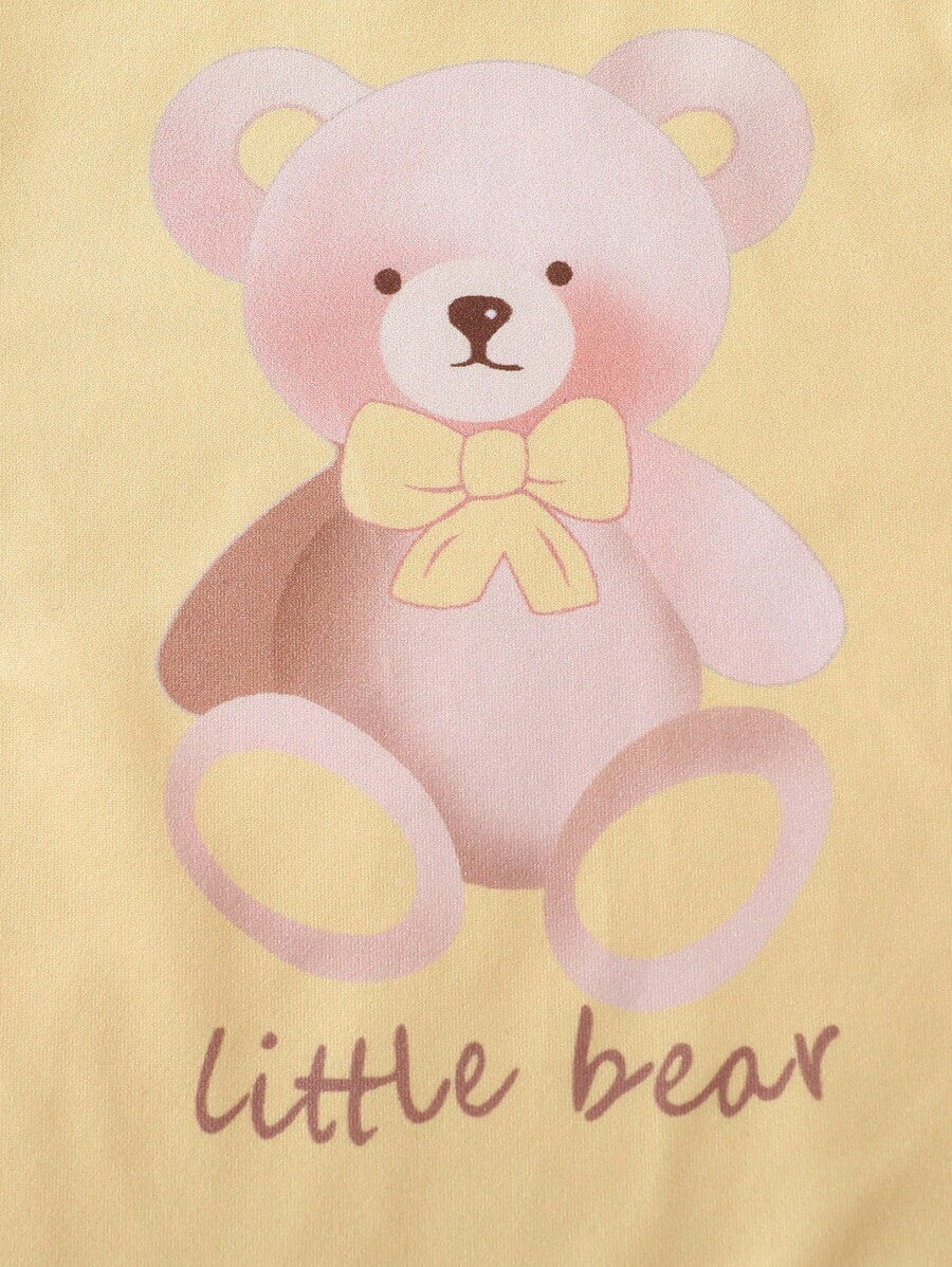 4PCS Newborn Bear & Bow Print Romper Set with Hat & Mittens