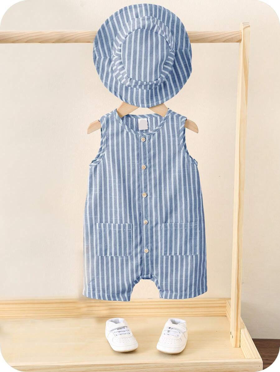 Unisex Baby Green White Striped Sleeveless Jumpsuit and Bucket Hat 2 Piece Summer Vacation Outfit Set
