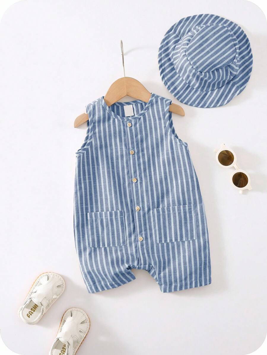 Unisex Baby Green White Striped Sleeveless Jumpsuit and Bucket Hat 2 Piece Summer Vacation Outfit Set