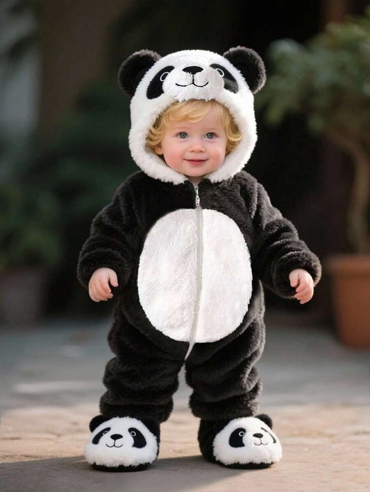 Panda Theme Plush Jumpsuit with 3D Embroidered Hat for Cute Winter Wear