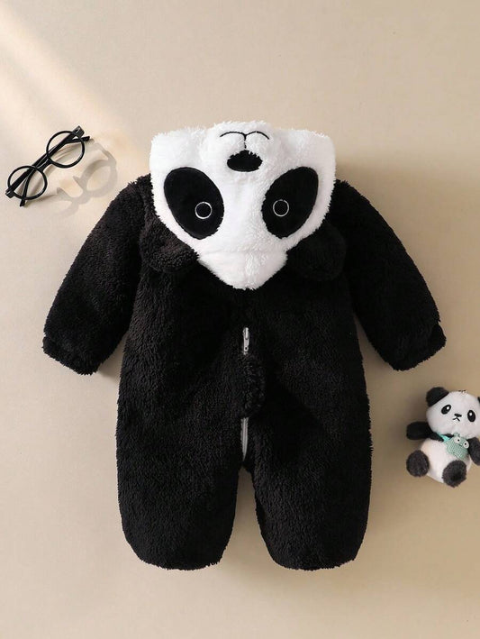 Panda Theme Plush Jumpsuit with 3D Embroidered Hat for Cute Winter Wear