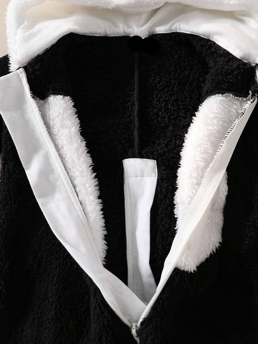 Panda Theme Plush Jumpsuit with 3D Embroidered Hat for Cute Winter Wear