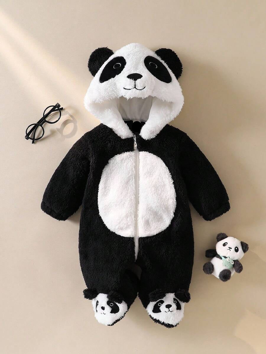 Panda Theme Plush Jumpsuit with 3D Embroidered Hat for Cute Winter Wear