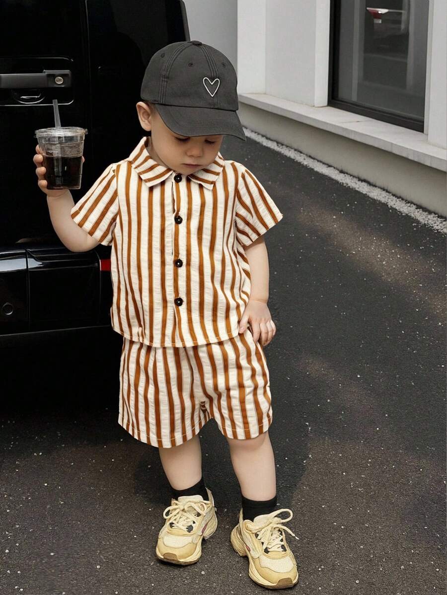 2pcs/Set Baby Boy Casual Striped Polo Collar Top & Shorts Summer Clothes