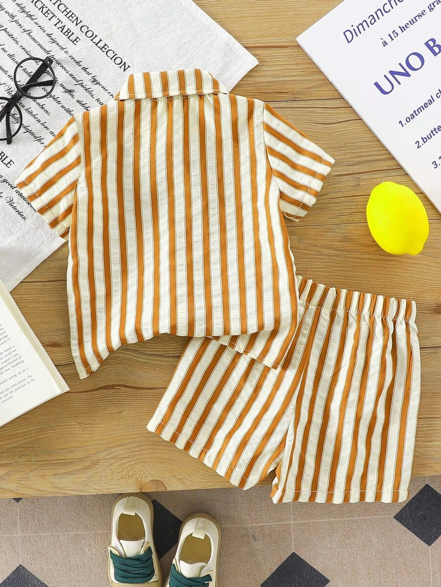 2pcs/Set Baby Boy Casual Striped Polo Collar Top & Shorts Summer Clothes