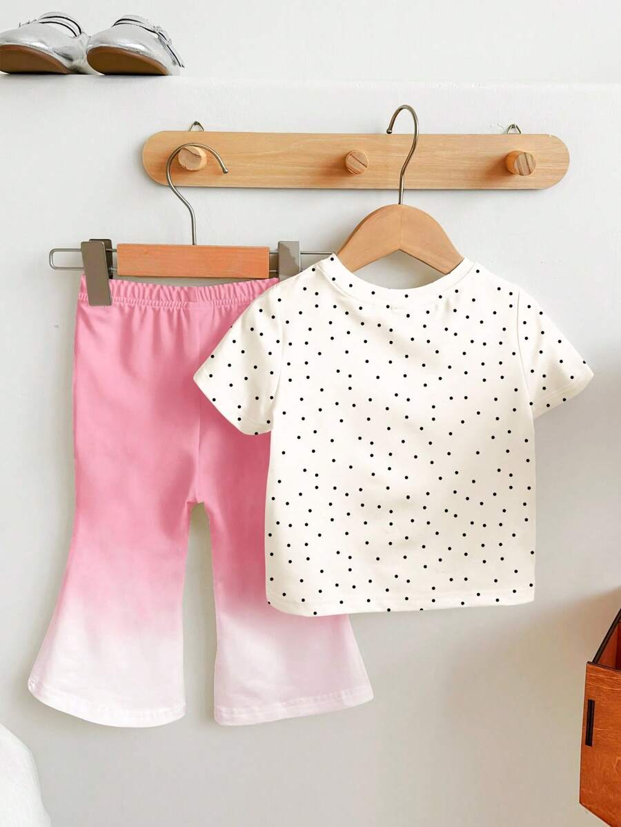 Soft Round Neck Short Sleeve Top and Flexible Flare Leg Trousers Casual Spring Summer Clothes Set for Girls