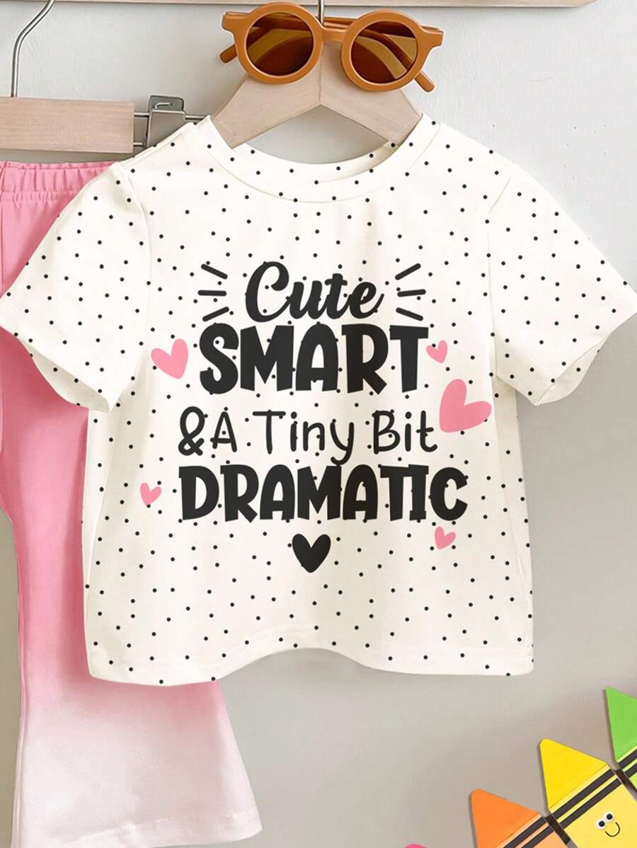 Soft Round Neck Short Sleeve Top and Flexible Flare Leg Trousers Casual Spring Summer Clothes Set for Girls